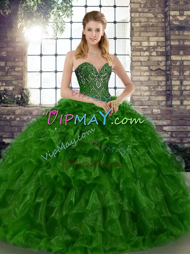 Green Sleeveless Organza Lace Up Quinceanera Dresses for Military Ball and Sweet 16 and Quinceanera