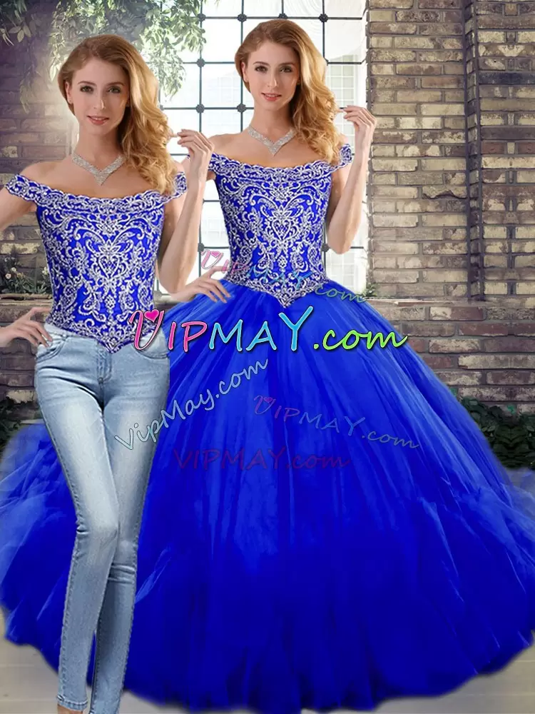 Beading and Ruffles Sweet 16 Dress Royal Blue Lace Up Sleeveless Floor Length