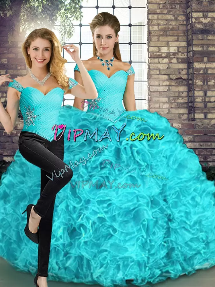 Floor Length Two Pieces Sleeveless Aqua Blue Quinceanera Gowns Lace Up