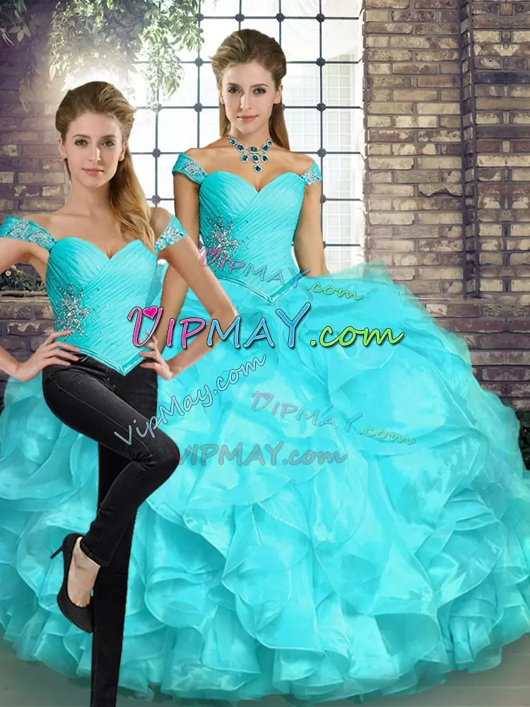 Suitable Sleeveless Off The Shoulder Lace Up Floor Length Beading and Ruffles Sweet 16 Dresses Off The Shoulder