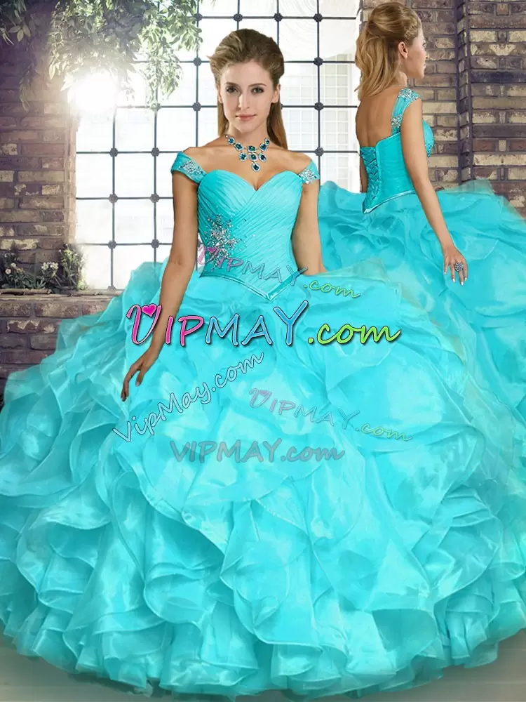 Suitable Sleeveless Off The Shoulder Lace Up Floor Length Beading and Ruffles Sweet 16 Dresses Off The Shoulder