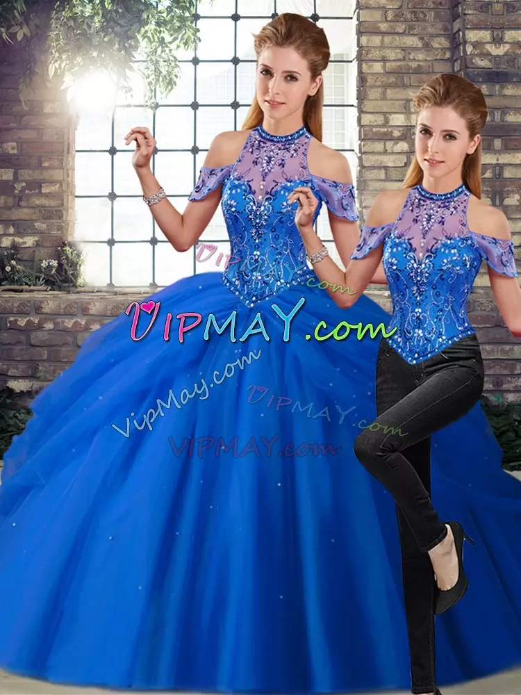 Hot Selling Blue Lace Up Halter Top Beading and Pick Ups 15 Quinceanera Dress Tulle Sleeveless Brush Train