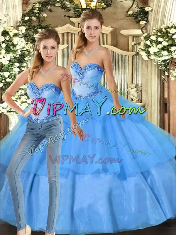 Floor Length Baby Blue Sweet 16 Dresses Organza Sleeveless Beading and Ruffled Layers