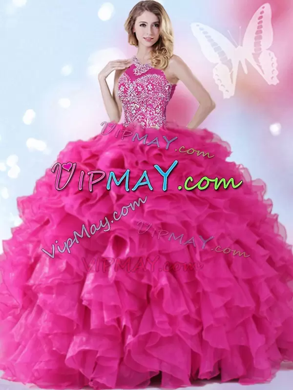 Sleeveless Organza Floor Length Lace Up Sweet 16 Dresses in Hot Pink with Beading and Ruffles