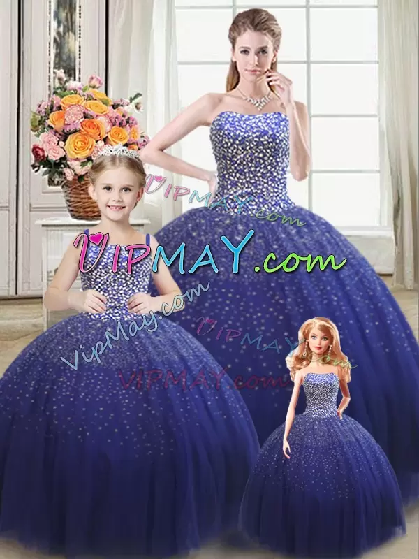 Best Selling Royal Blue Ball Gowns Beading Quinceanera Gowns Lace Up Tulle Sleeveless Floor Length