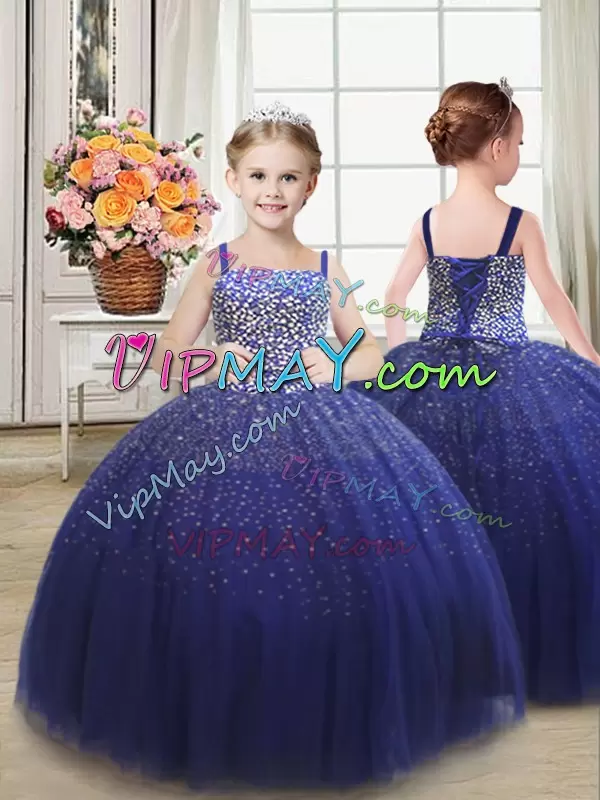 Best Selling Royal Blue Ball Gowns Beading Quinceanera Gowns Lace Up Tulle Sleeveless Floor Length