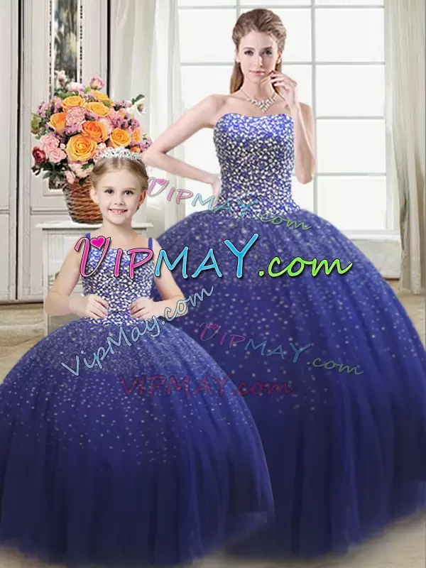 Best Selling Royal Blue Ball Gowns Beading Quinceanera Gowns Lace Up Tulle Sleeveless Floor Length