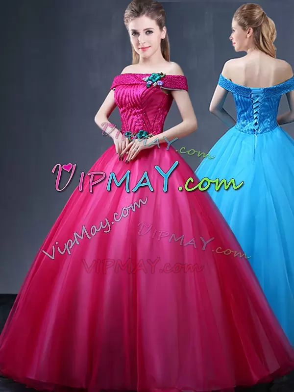 Flirting Fuchsia Sleeveless Floor Length Beading and Appliques Lace Up Sweet 16 Quinceanera Dress Off The Shoulder