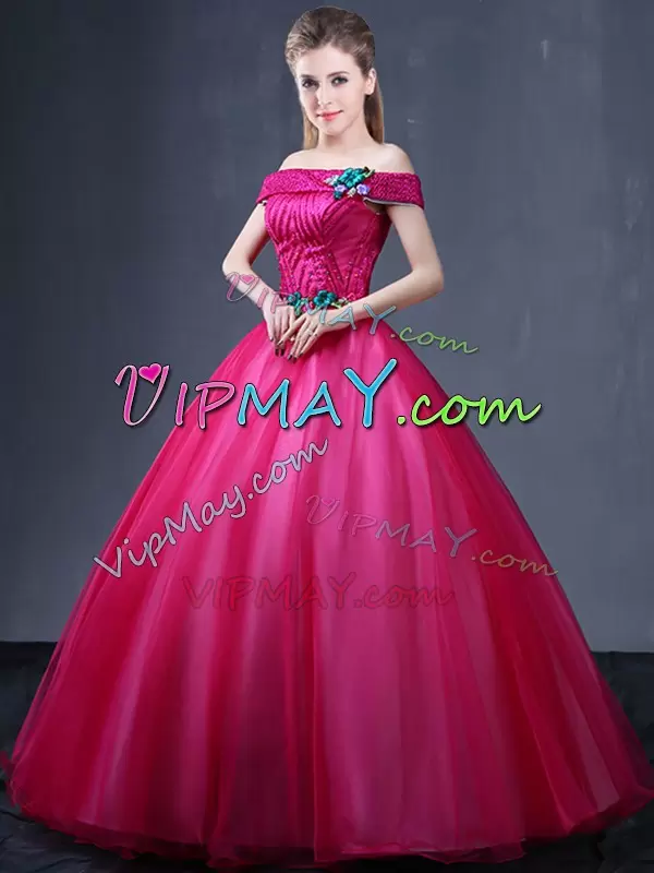 Flirting Fuchsia Sleeveless Floor Length Beading and Appliques Lace Up Sweet 16 Quinceanera Dress Off The Shoulder