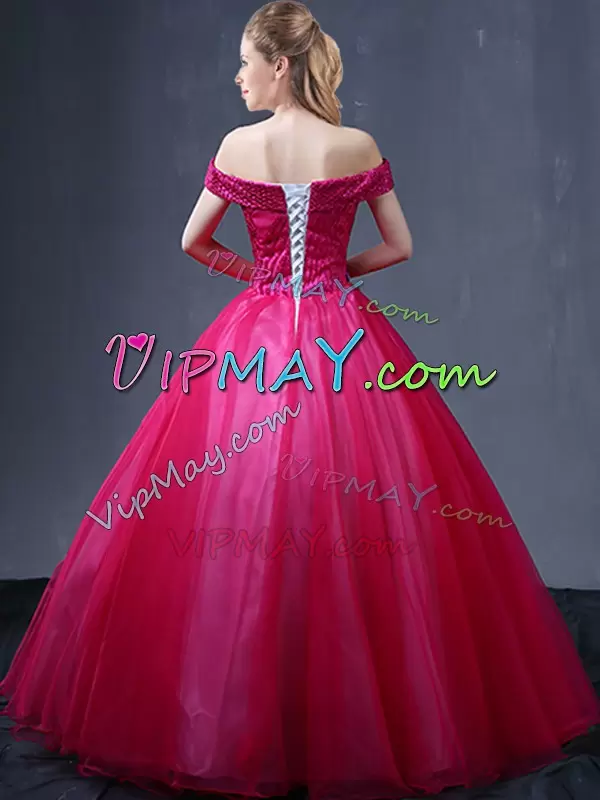 Flirting Fuchsia Sleeveless Floor Length Beading and Appliques Lace Up Sweet 16 Quinceanera Dress Off The Shoulder