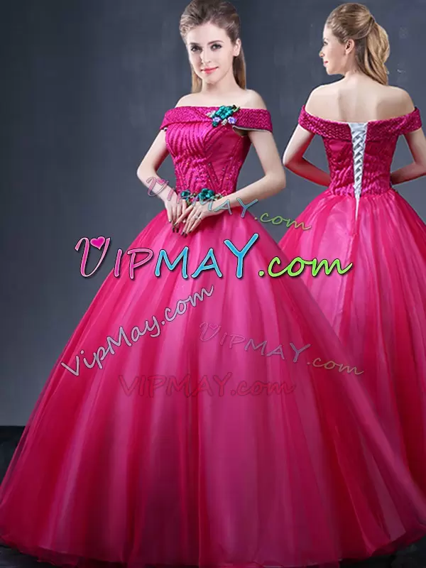 Flirting Fuchsia Sleeveless Floor Length Beading and Appliques Lace Up Sweet 16 Quinceanera Dress Off The Shoulder