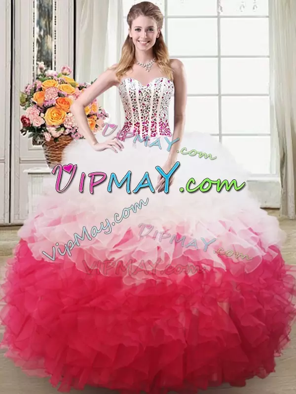 Sleeveless Organza Floor Length Lace Up Quinceanera Dress in Pink And White with Beading and Ruffles