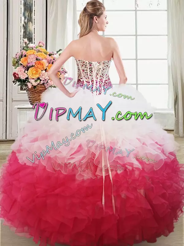 Sleeveless Organza Floor Length Lace Up Quinceanera Dress in Pink And White with Beading and Ruffles