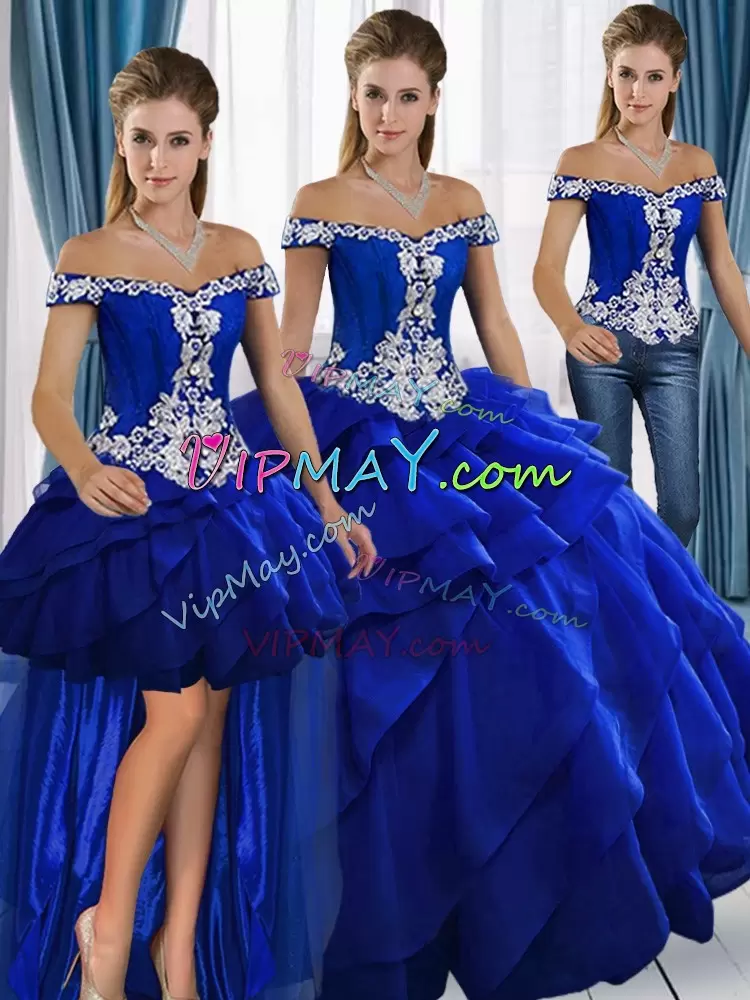 Beauteous Royal Blue Tulle Lace Up Sweetheart Sleeveless Floor Length Sweet 16 Dress Sweep Train Appliques