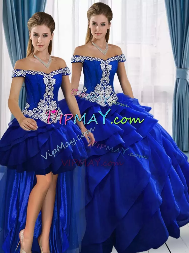 Beauteous Royal Blue Tulle Lace Up Sweetheart Sleeveless Floor Length Sweet 16 Dress Sweep Train Appliques