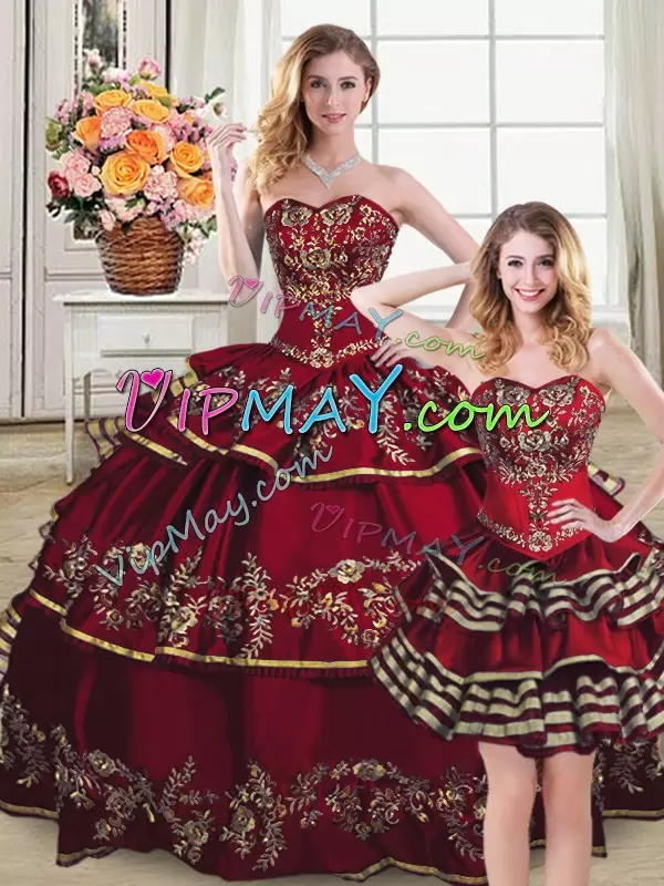 Clearance Wine Red Organza Lace Up Sweetheart Sleeveless Floor Length 15 Quinceanera Dress Embroidery and Ruffled Layers