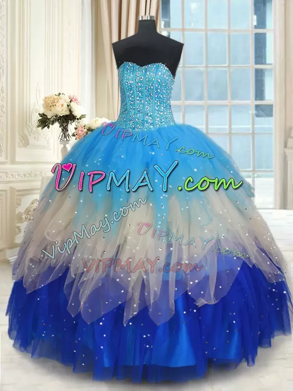 Custom Designed Multi-color Tulle Lace Up Quinceanera Gowns Sleeveless Floor Length Beading and Ruffles