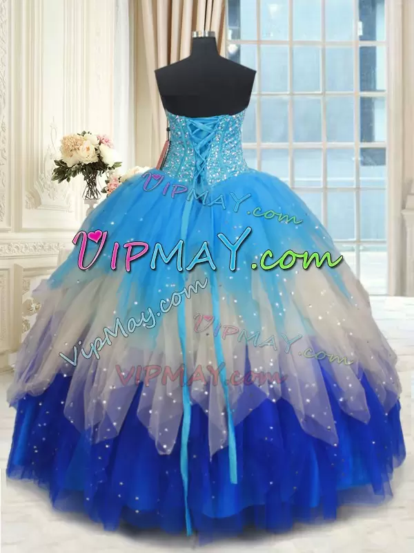 Custom Designed Multi-color Tulle Lace Up Quinceanera Gowns Sleeveless Floor Length Beading and Ruffles