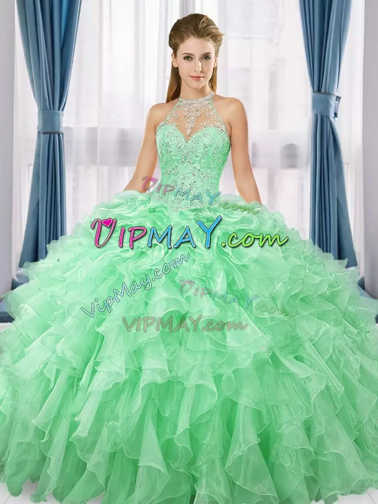 Decent Beading and Ruffles Quinceanera Dresses Apple Green Lace Up Sleeveless Floor Length