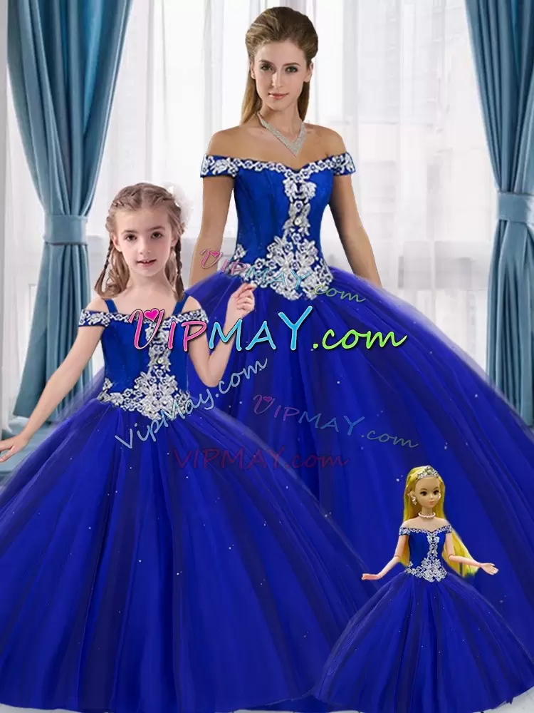 Latest Floor Length Royal Blue Sweet 16 Dress Off The Shoulder Sleeveless Lace Up