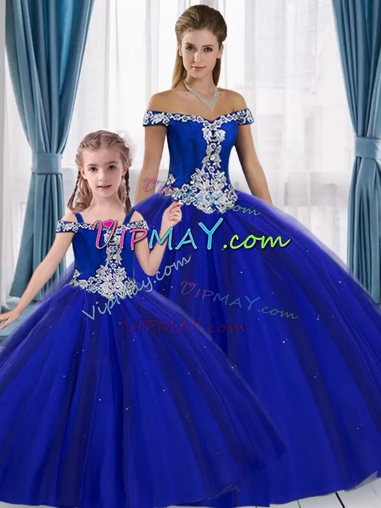 Latest Floor Length Royal Blue Sweet 16 Dress Off The Shoulder Sleeveless Lace Up