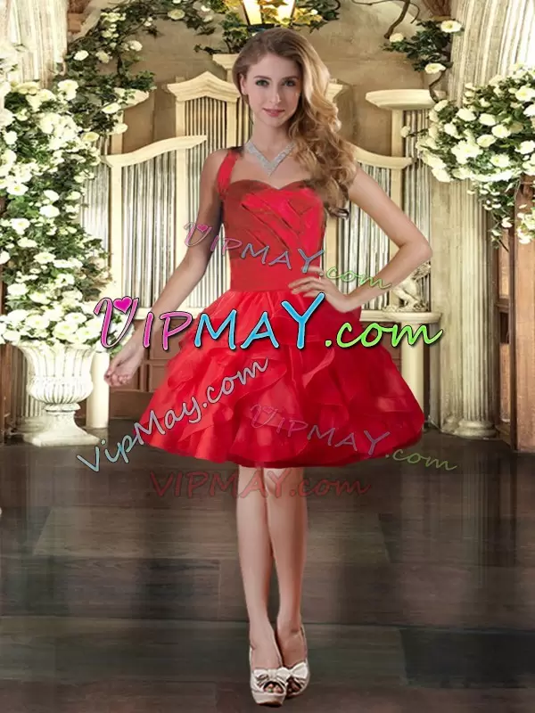 Floor Length Red 15 Quinceanera Dress Tulle Sleeveless Ruffles