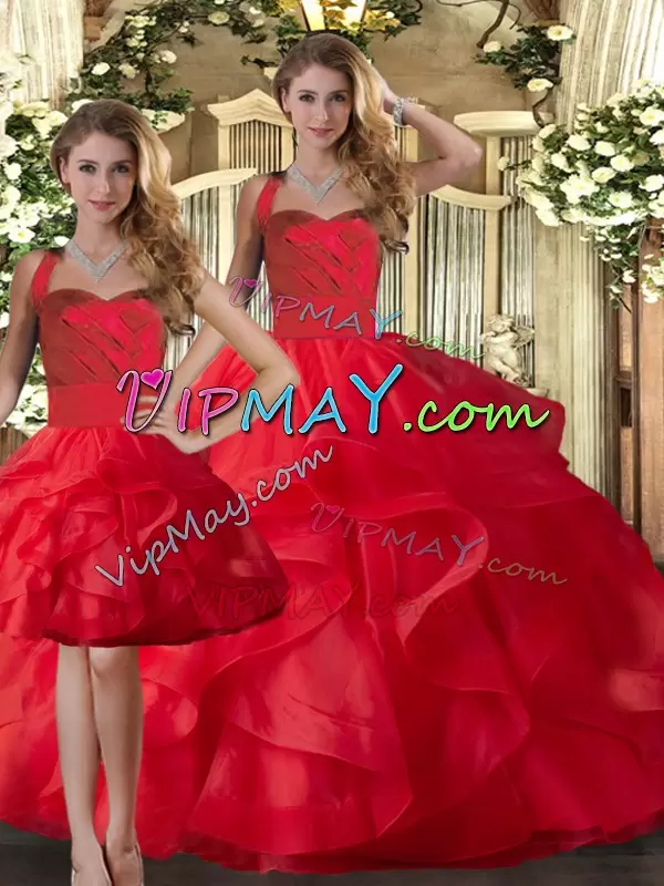 Floor Length Red 15 Quinceanera Dress Tulle Sleeveless Ruffles