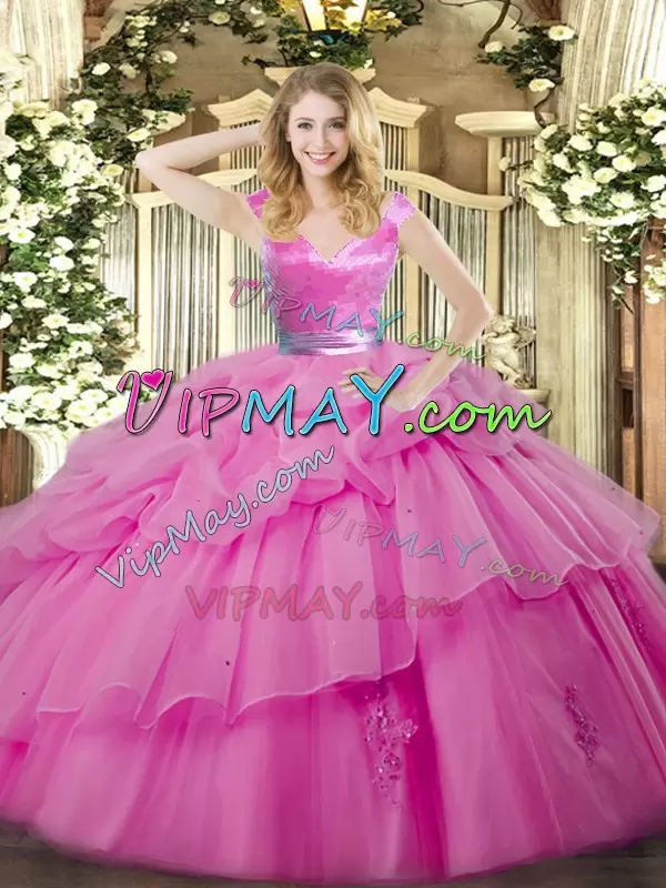 Ideal V-neck Sleeveless Organza Quinceanera Gown Ruffled Layers Zipper