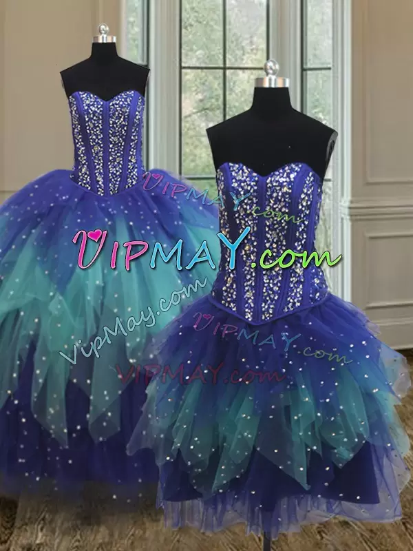 New Arrival Sleeveless Sweetheart Lace Up Floor Length Beading and Ruffles Quinceanera Gown Sweetheart