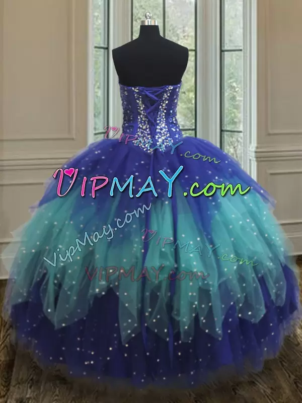 New Arrival Sleeveless Sweetheart Lace Up Floor Length Beading and Ruffles Quinceanera Gown Sweetheart