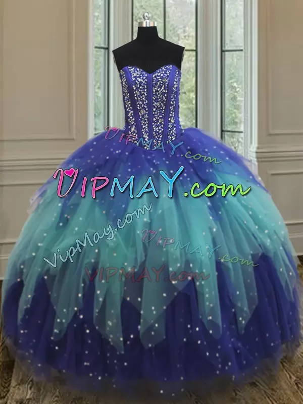 New Arrival Sleeveless Sweetheart Lace Up Floor Length Beading and Ruffles Quinceanera Gown Sweetheart