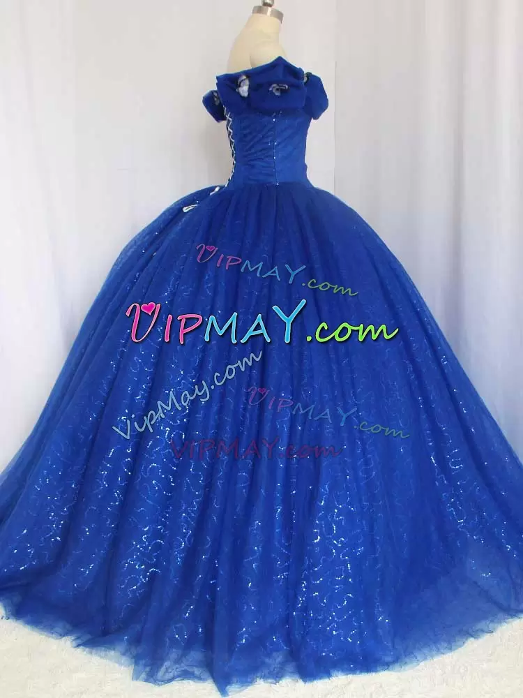 Ball Gowns 15 Quinceanera Dress Royal Blue Off The Shoulder Tulle Cap Sleeves Floor Length Lace Up