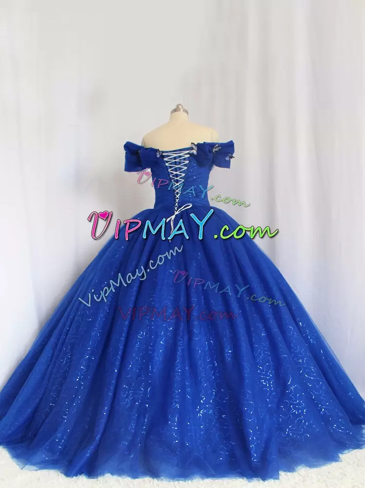 Ball Gowns 15 Quinceanera Dress Royal Blue Off The Shoulder Tulle Cap Sleeves Floor Length Lace Up