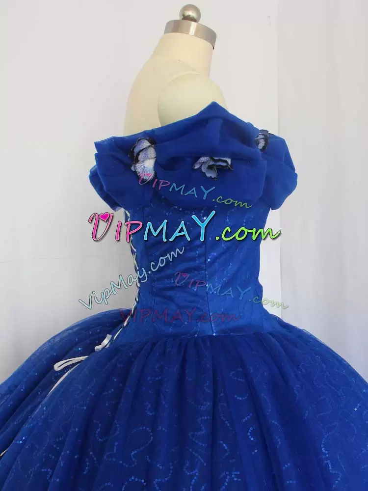 Ball Gowns 15 Quinceanera Dress Royal Blue Off The Shoulder Tulle Cap Sleeves Floor Length Lace Up