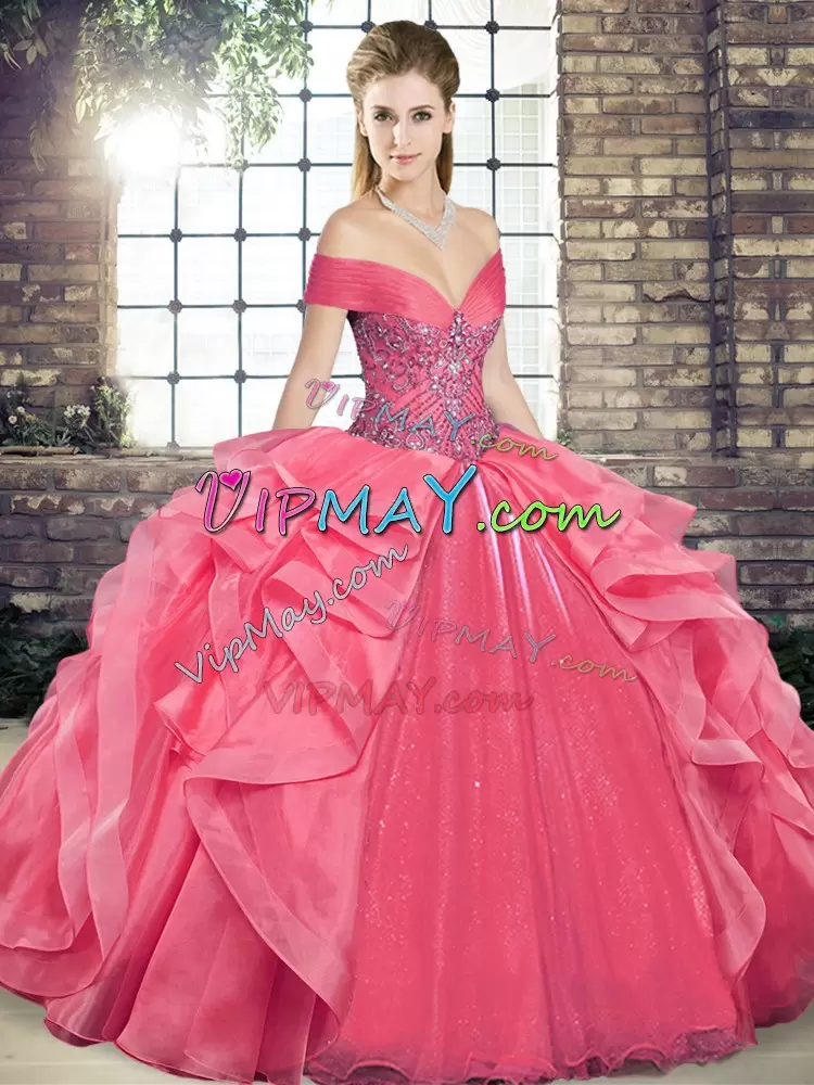 On Sale Organza Sleeveless Floor Length 15th Birthday Dress and Beading and Ruffles