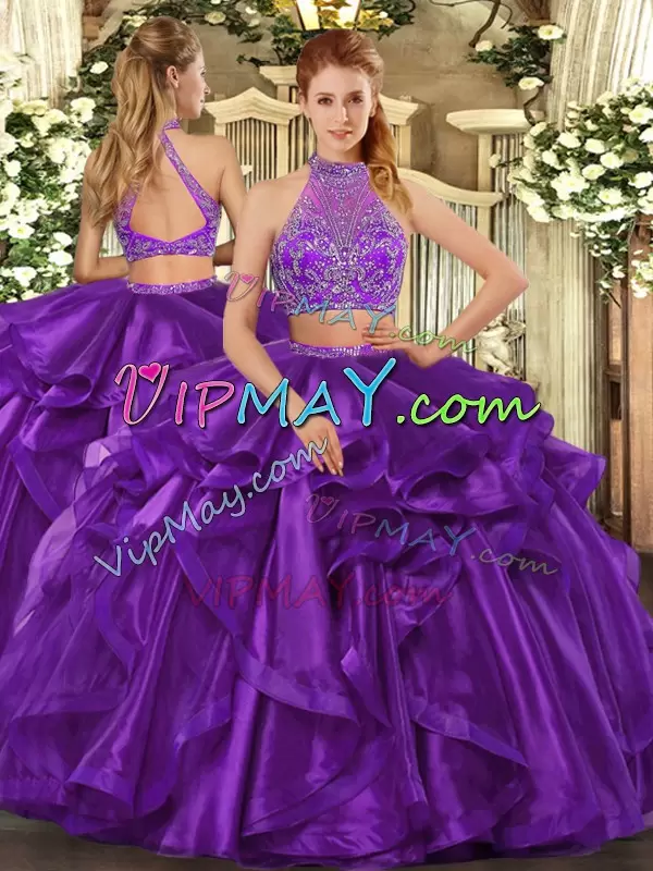 Customized Halter Top Sleeveless Criss Cross Quinceanera Dress Eggplant Purple Organza Beading and Ruffled Layers