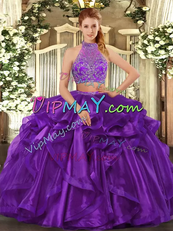 Customized Halter Top Sleeveless Criss Cross Quinceanera Dress Eggplant Purple Organza Beading and Ruffled Layers