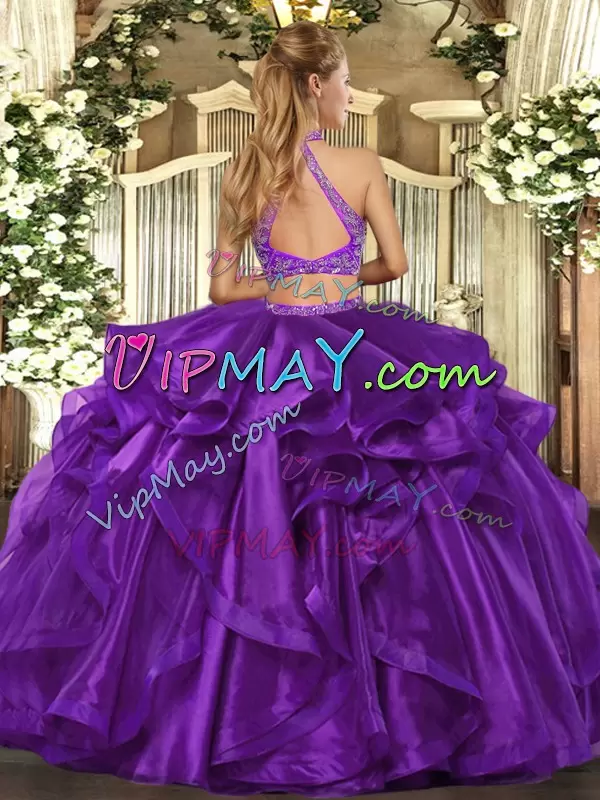 Customized Halter Top Sleeveless Criss Cross Quinceanera Dress Eggplant Purple Organza Beading and Ruffled Layers