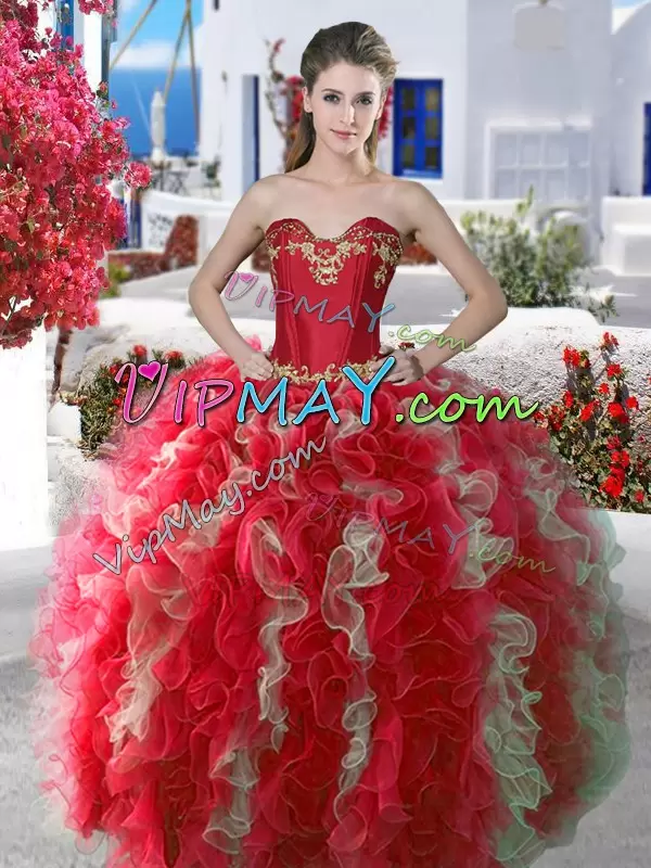 Floor Length Lace Up Sweet 16 Dresses Red for Military Ball and Sweet 16 and Quinceanera with Beading