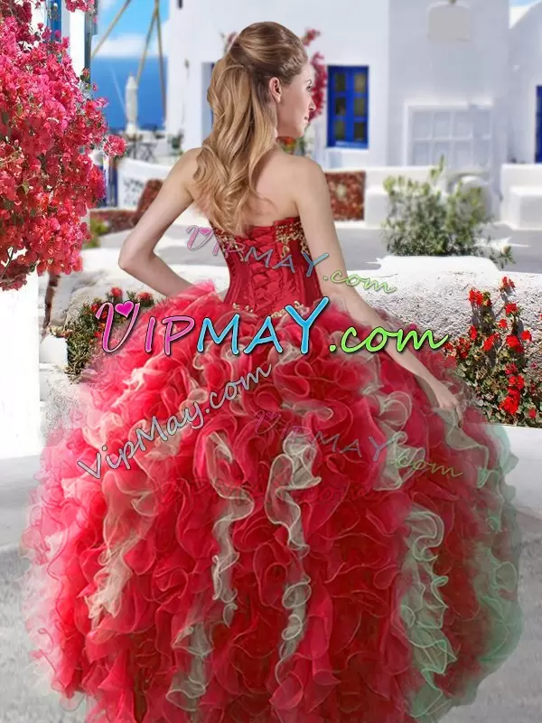 Floor Length Lace Up Sweet 16 Dresses Red for Military Ball and Sweet 16 and Quinceanera with Beading