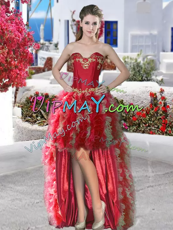 Floor Length Lace Up Sweet 16 Dresses Red for Military Ball and Sweet 16 and Quinceanera with Beading