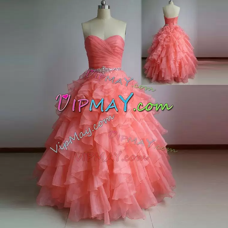 Simple Coral Red Elegant Organza Ruffles Sweet 16 Quinceanera Dress