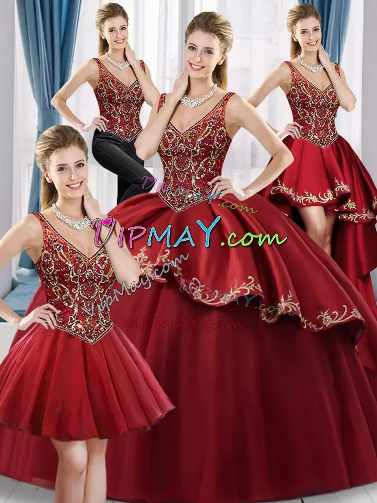 Red Ball Gowns V-neck Sleeveless Satin and Tulle Floor Length Sweep Train Lace Up Beading and Embroidery Sweet 16 Dress