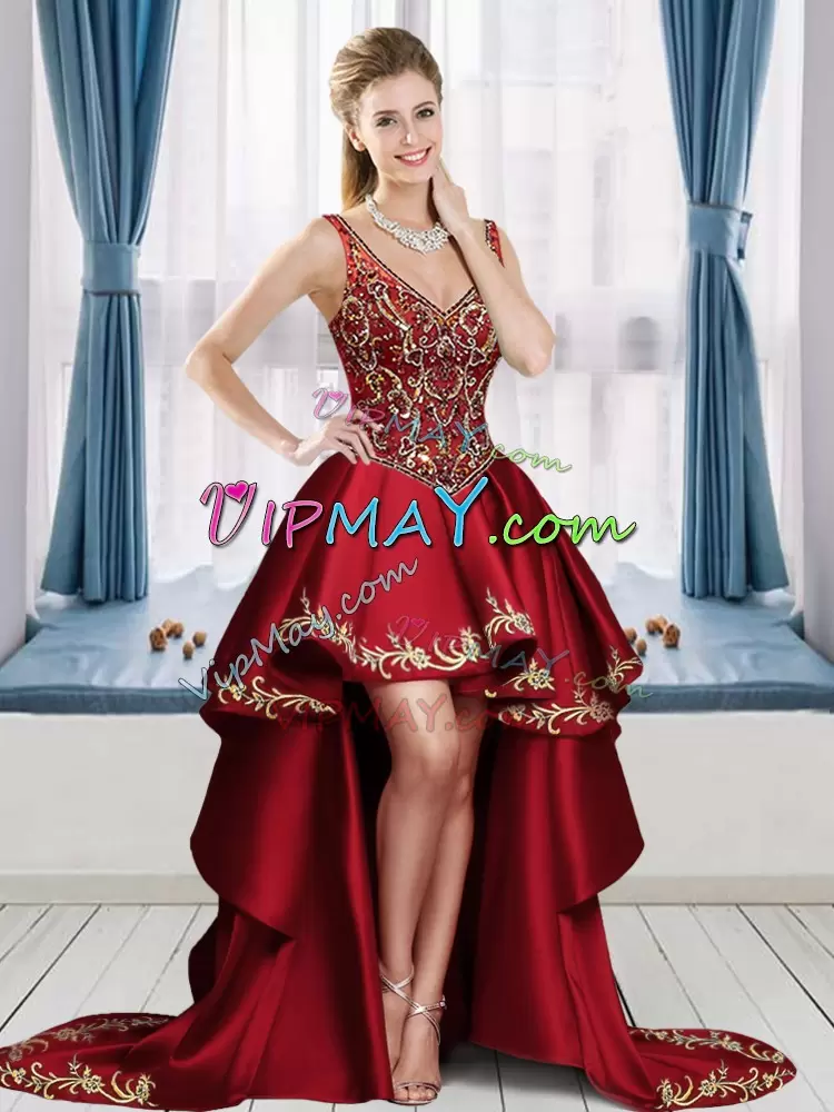 Red Ball Gowns V-neck Sleeveless Satin and Tulle Floor Length Sweep Train Lace Up Beading and Embroidery Sweet 16 Dress