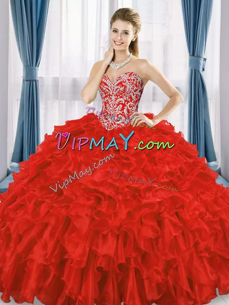 Discount Ball Gowns Quinceanera Gown Red Sweetheart Organza Sleeveless Floor Length Lace Up