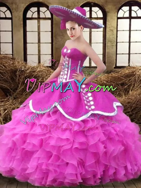 Best Selling Organza Sweetheart Sleeveless Lace Up Ruffles Sweet 16 Dress in Fuchsia