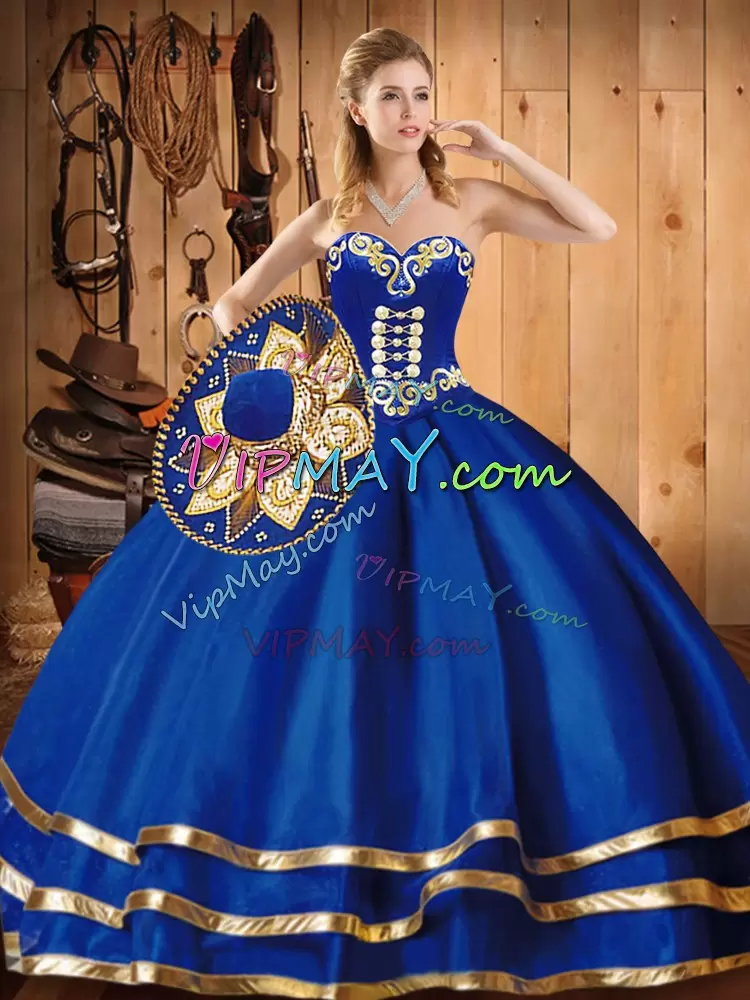 Extravagant Blue Sweetheart Lace Up Embroidery Ball Gown Prom Dress Sleeveless