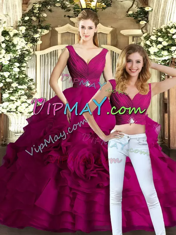 Modest Fuchsia Two Pieces Beading and Ruffles 15 Quinceanera Dress Backless Organza Sleeveless Floor Length