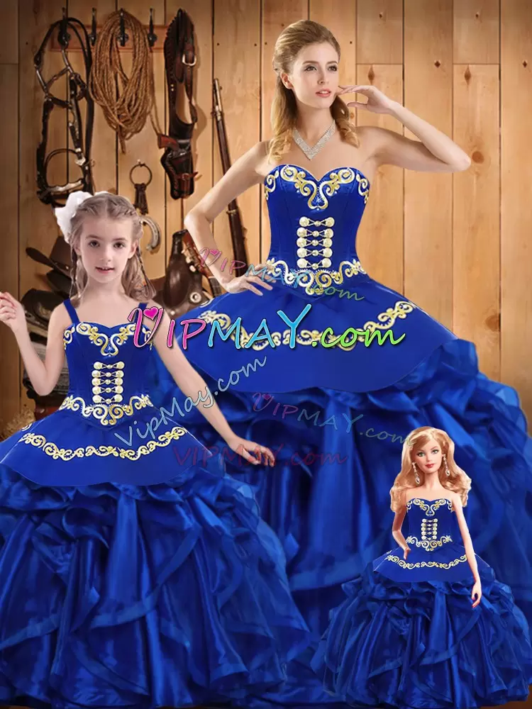 Amazing Royal Blue Lace Up Sweetheart Embroidery and Ruffles Sweet 16 Quinceanera Dress Organza Sleeveless