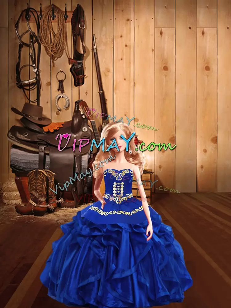 Amazing Royal Blue Lace Up Sweetheart Embroidery and Ruffles Sweet 16 Quinceanera Dress Organza Sleeveless